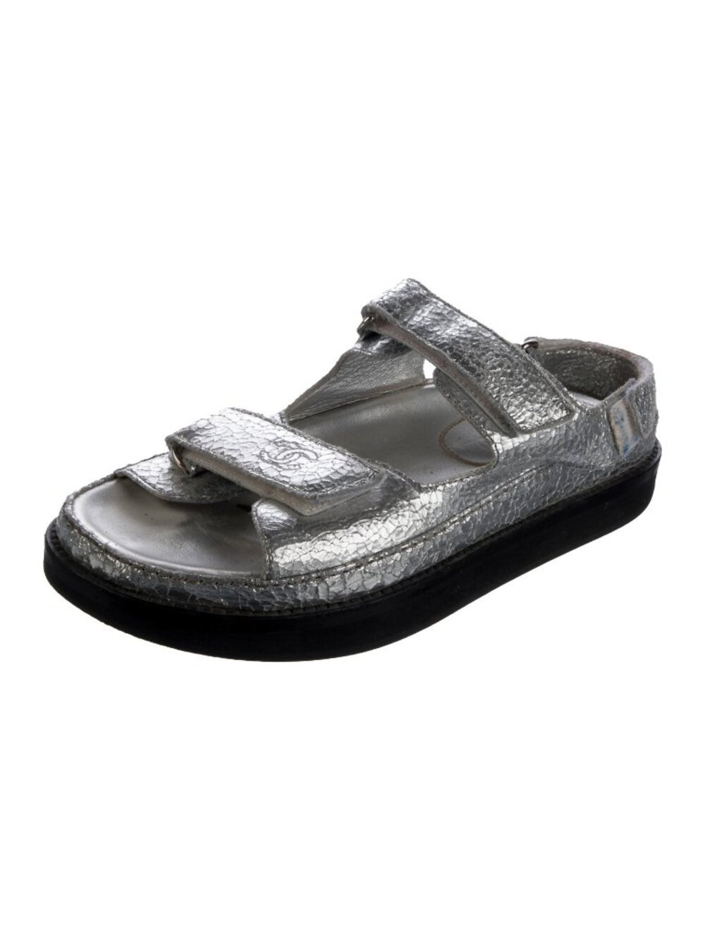 Chanel Silver Metallic CC Logo Leather Dad Platform Sandals